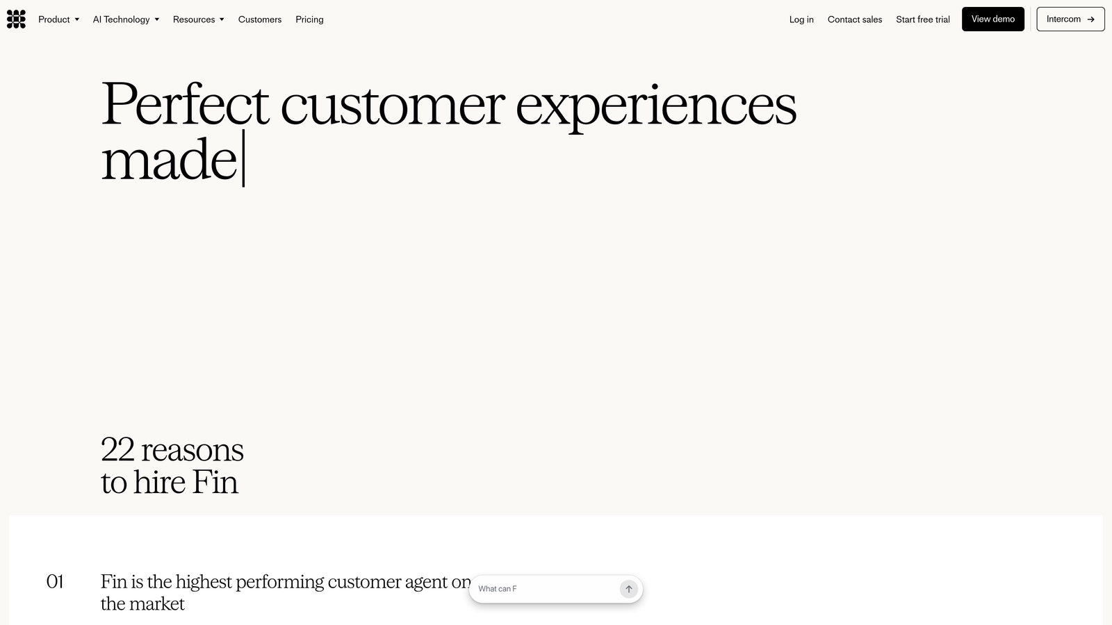 Screenshot of Intercom (Fin AI Agent) website