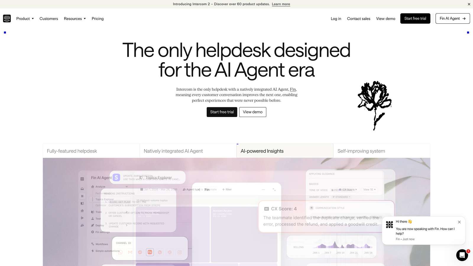 Screenshot of Intercom (Fin AI Agent) website