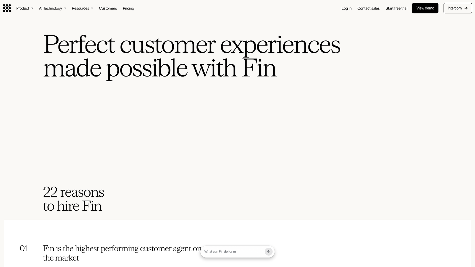 Screenshot of Intercom (Fin AI Agent) website