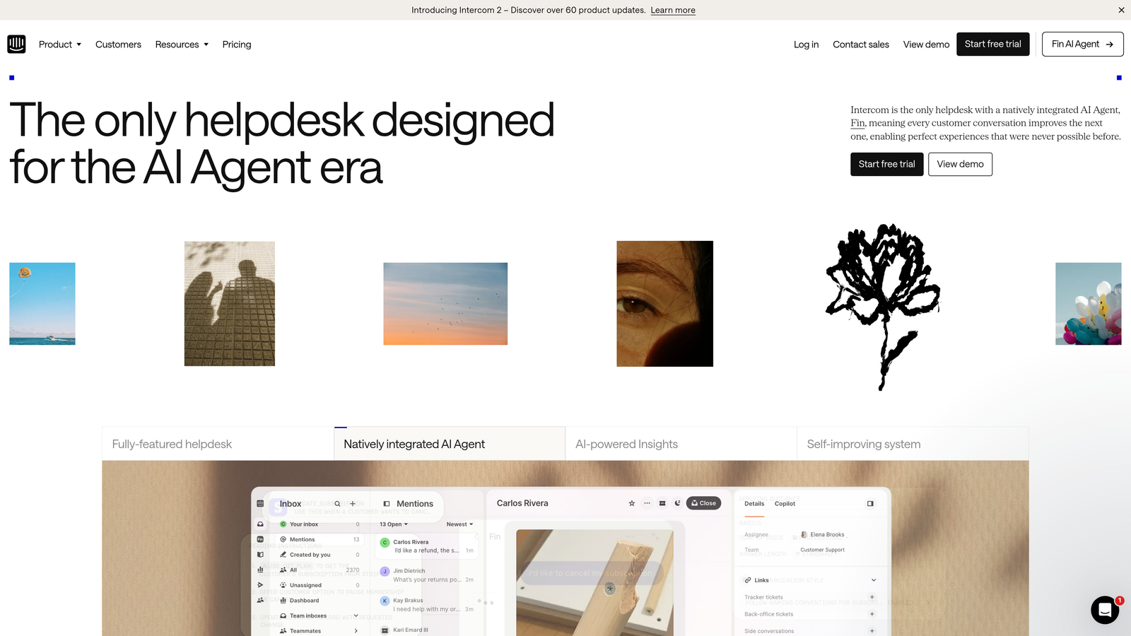 Screenshot of Intercom (Fin AI Agent) website