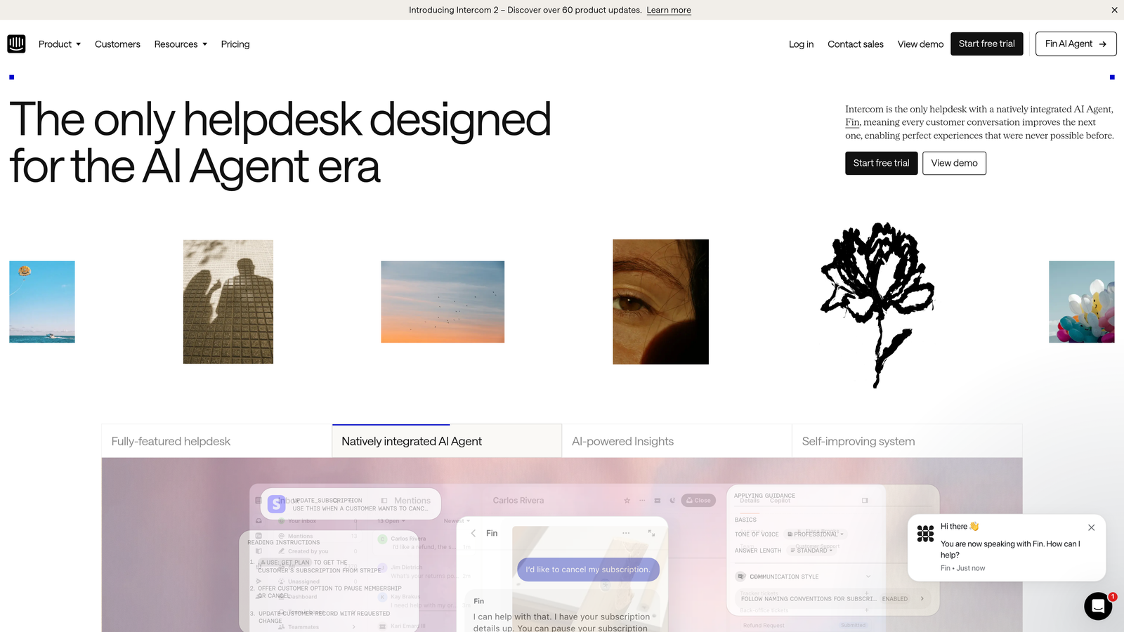 Screenshot of Intercom (Fin AI Agent) website