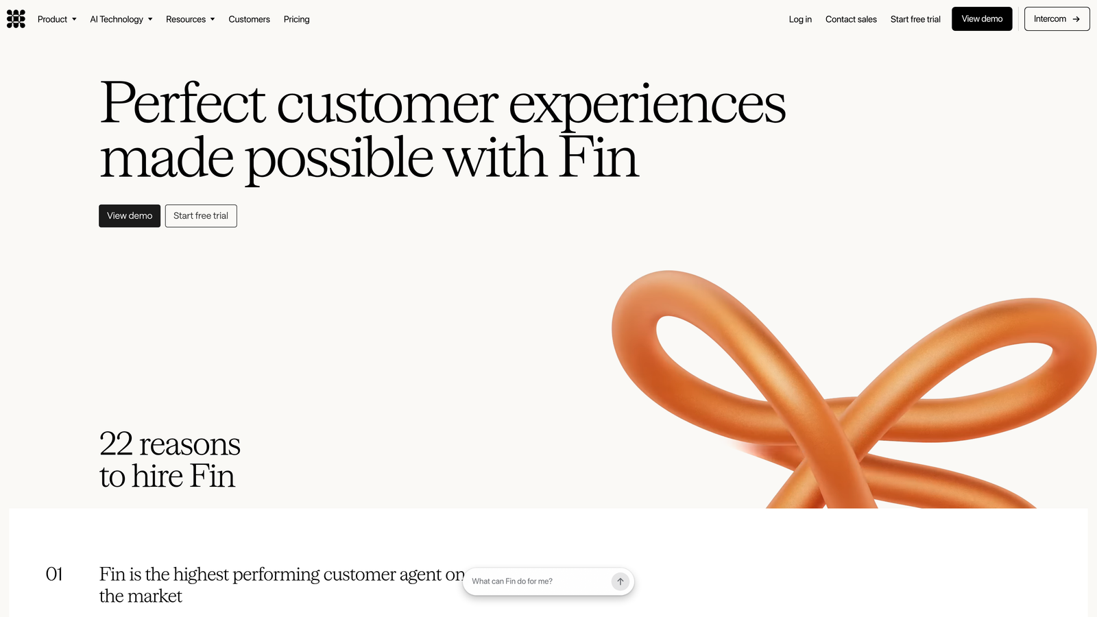 Screenshot of Intercom (Fin AI Agent) website