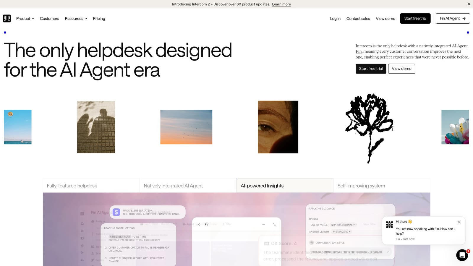 Screenshot of Intercom (Fin AI Agent) website