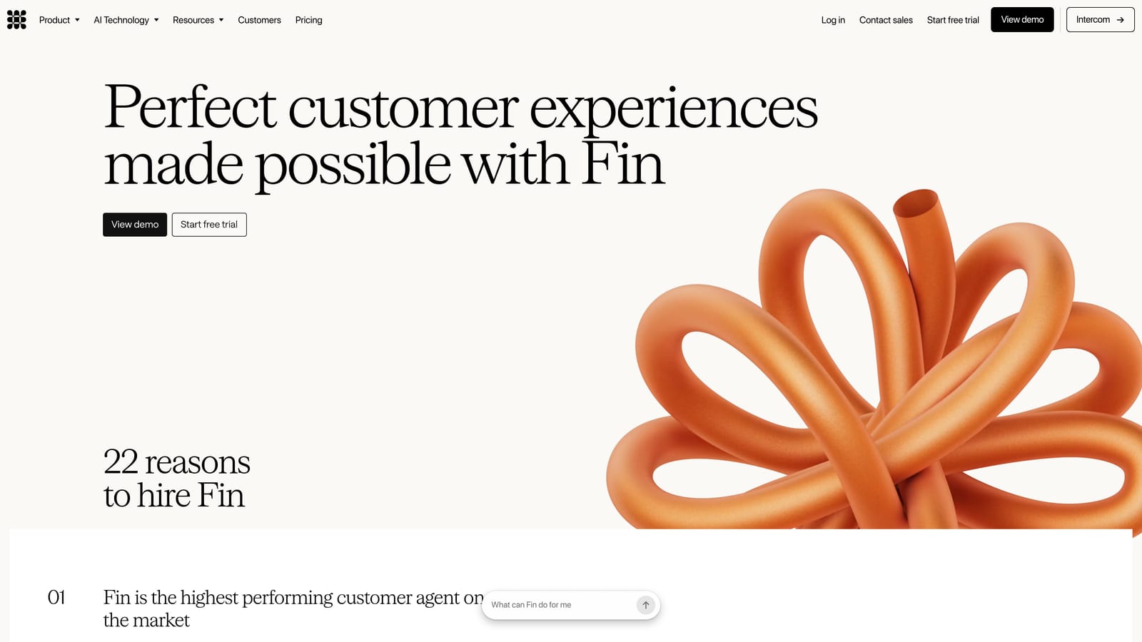 Screenshot of Intercom (Fin AI Agent) website