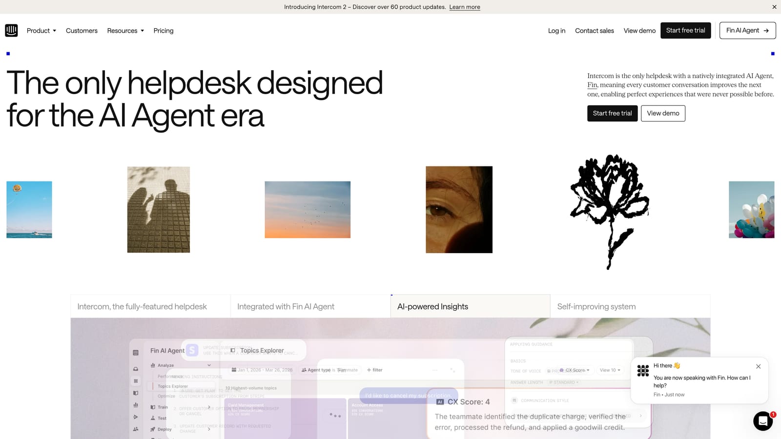 Screenshot of Intercom (Fin AI Agent) website