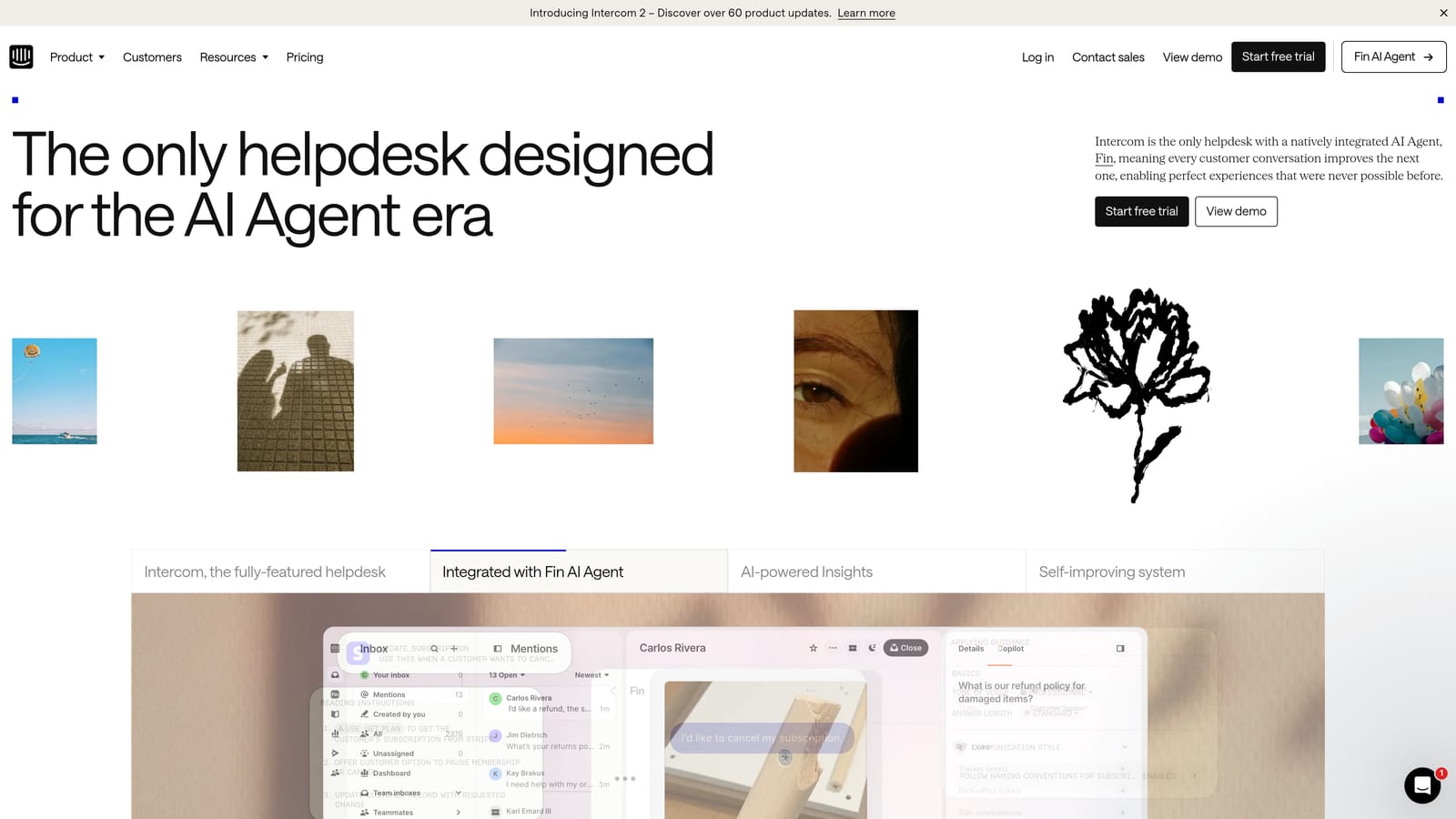 Screenshot of Intercom (Fin AI Agent) website