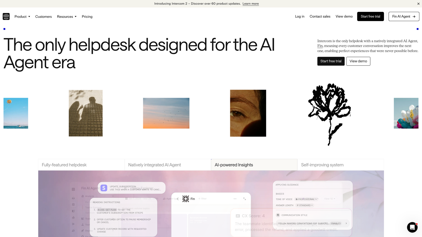 Screenshot of Intercom Fin + Analytics website