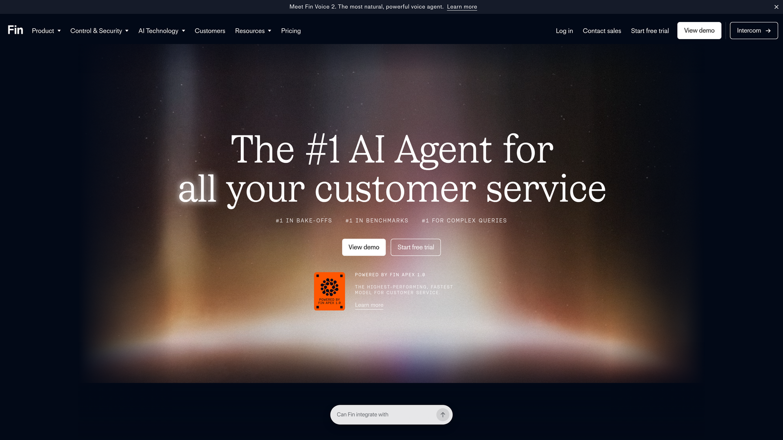 Screenshot of Intercom Fin AI Agent website