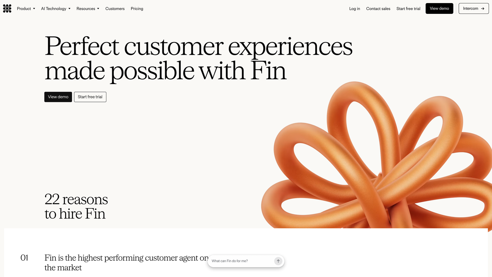 Screenshot of Intercom Fin AI website