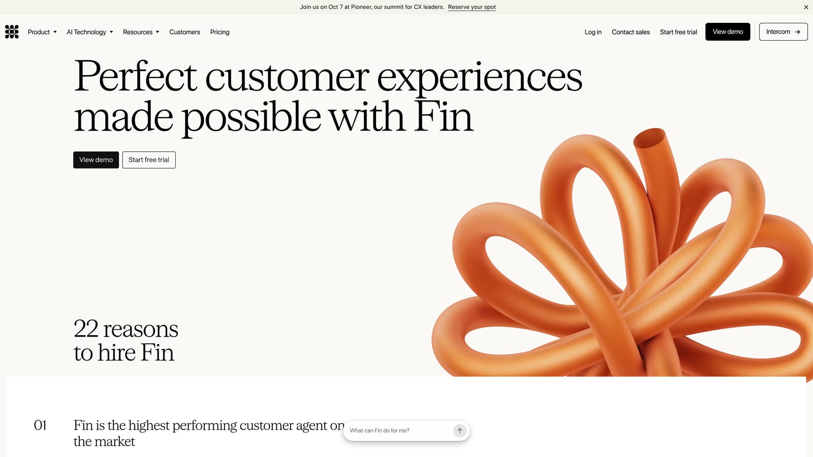 Screenshot of Intercom Fin AI website