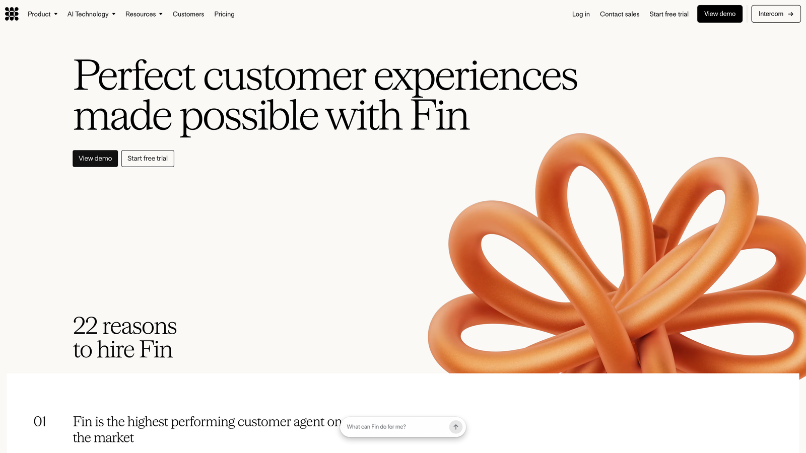 Screenshot of Intercom Fin website