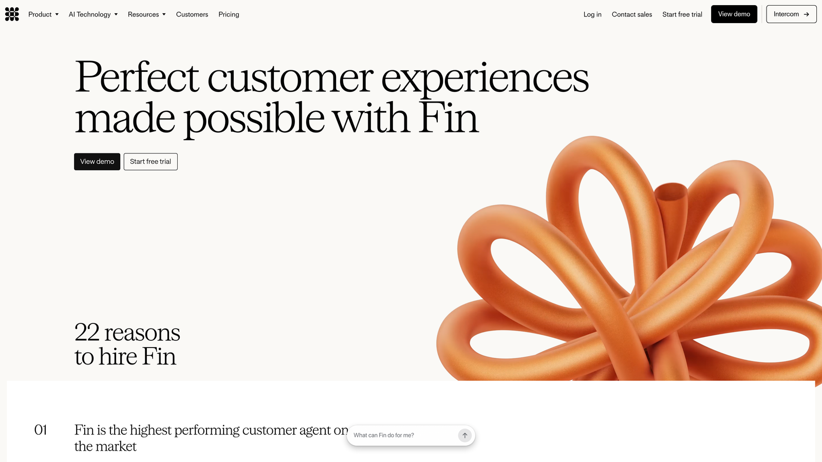 Screenshot of Intercom Fin website