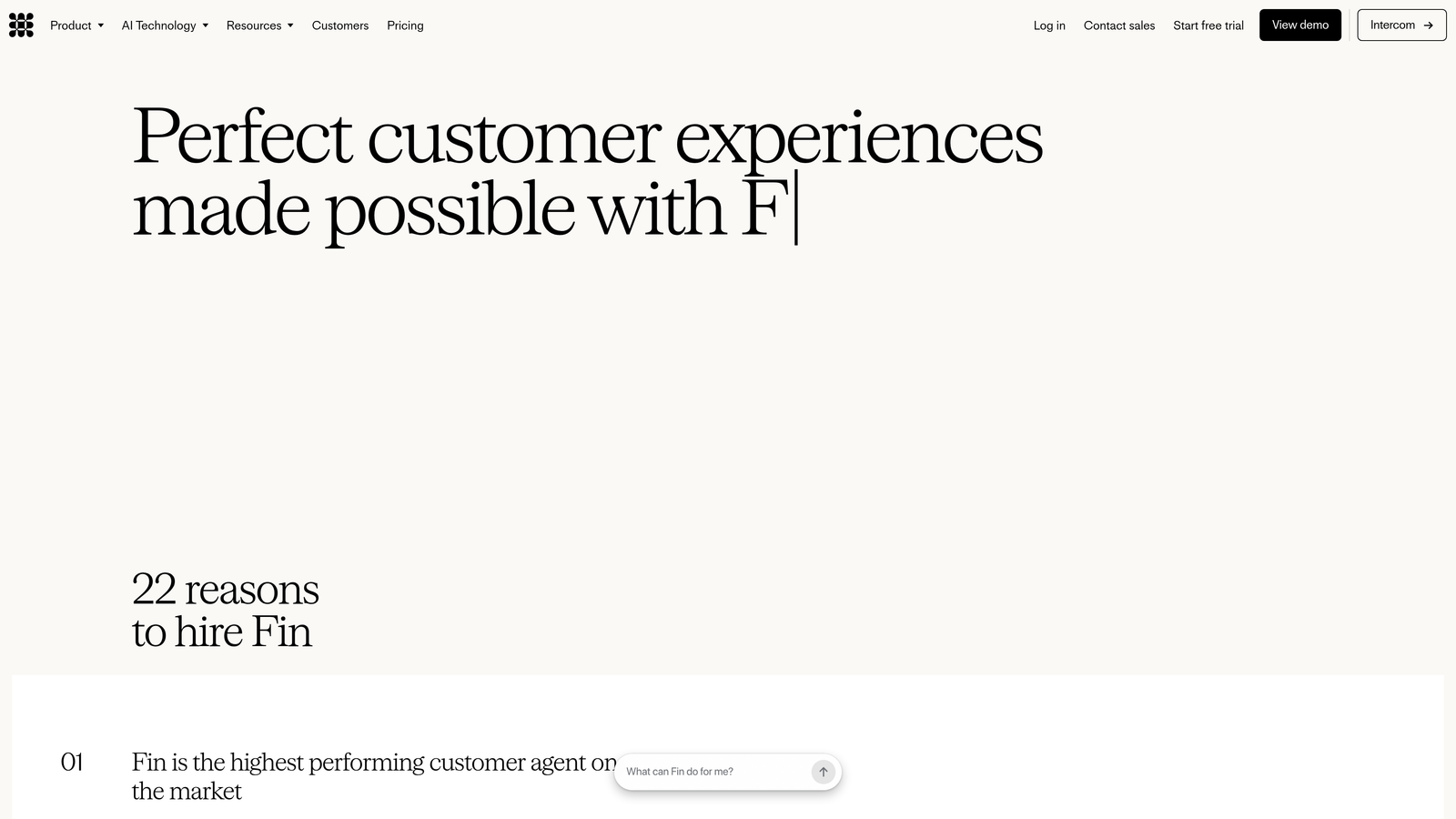 Screenshot of Intercom Fin website