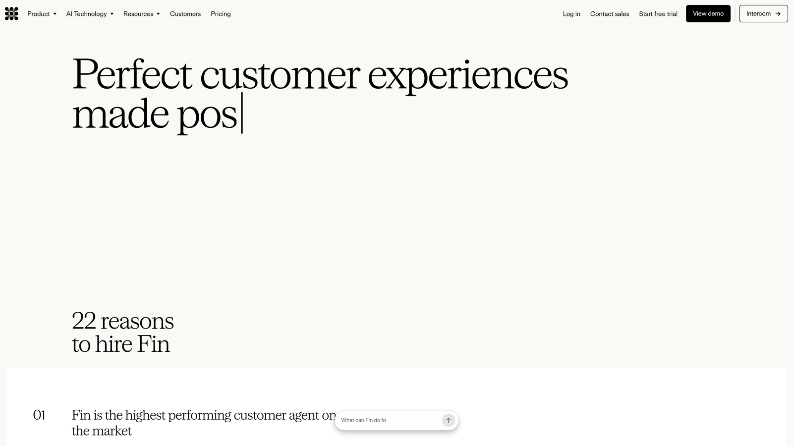 Screenshot of Intercom Fin website