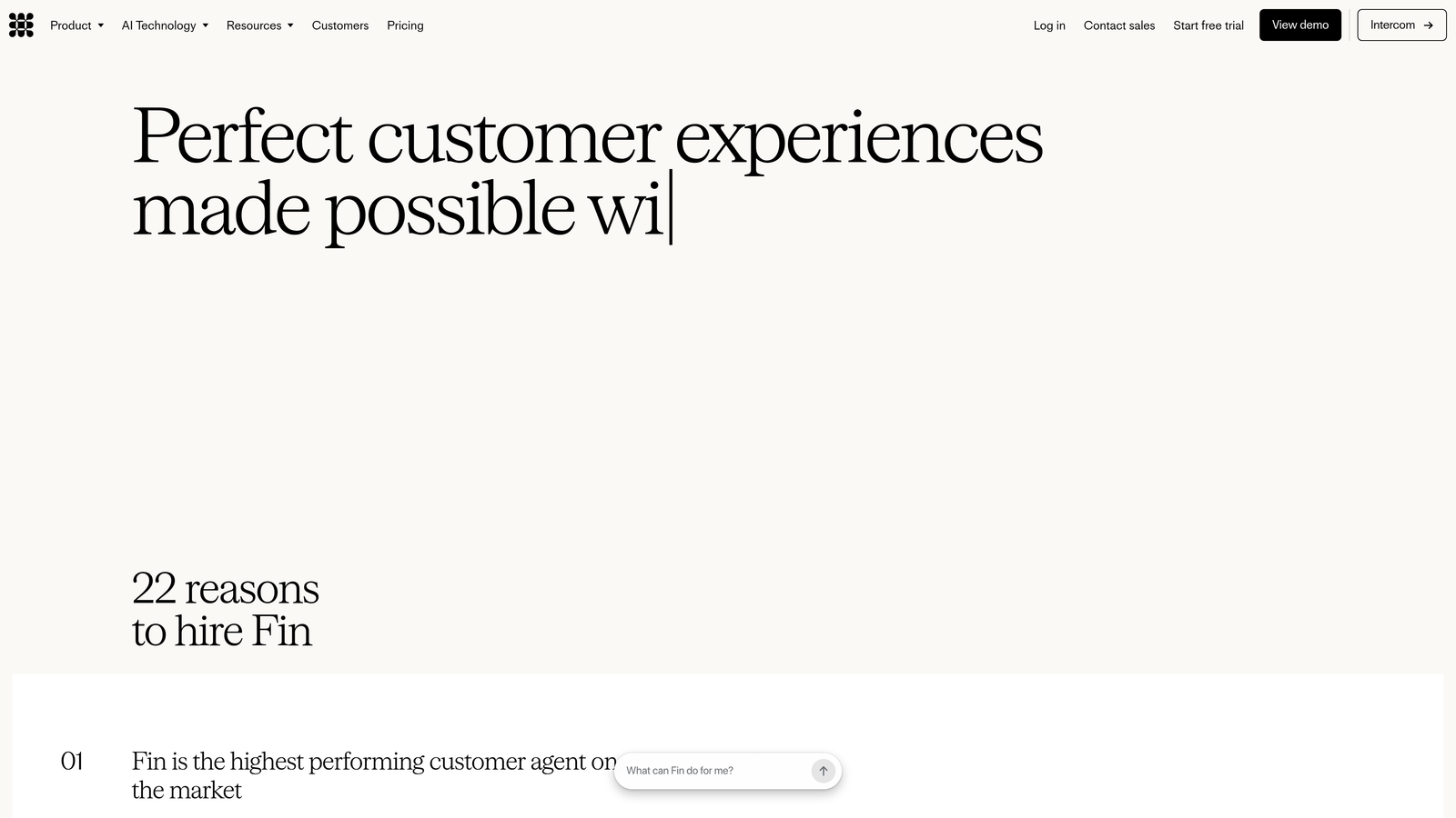 Screenshot of Intercom Fin website