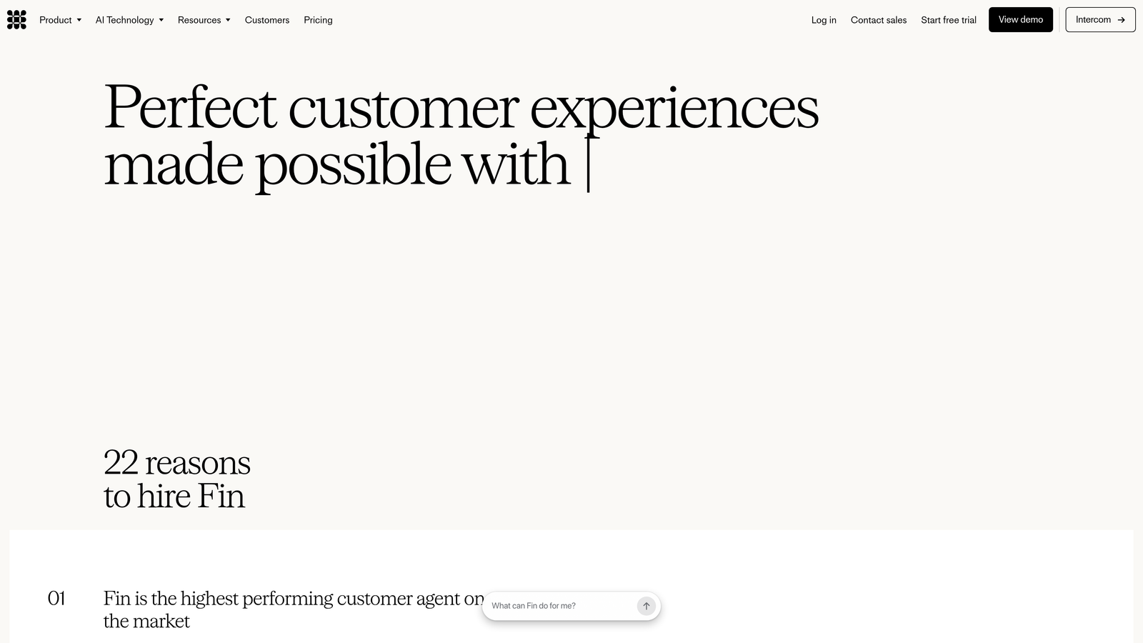 Screenshot of Intercom Fin website