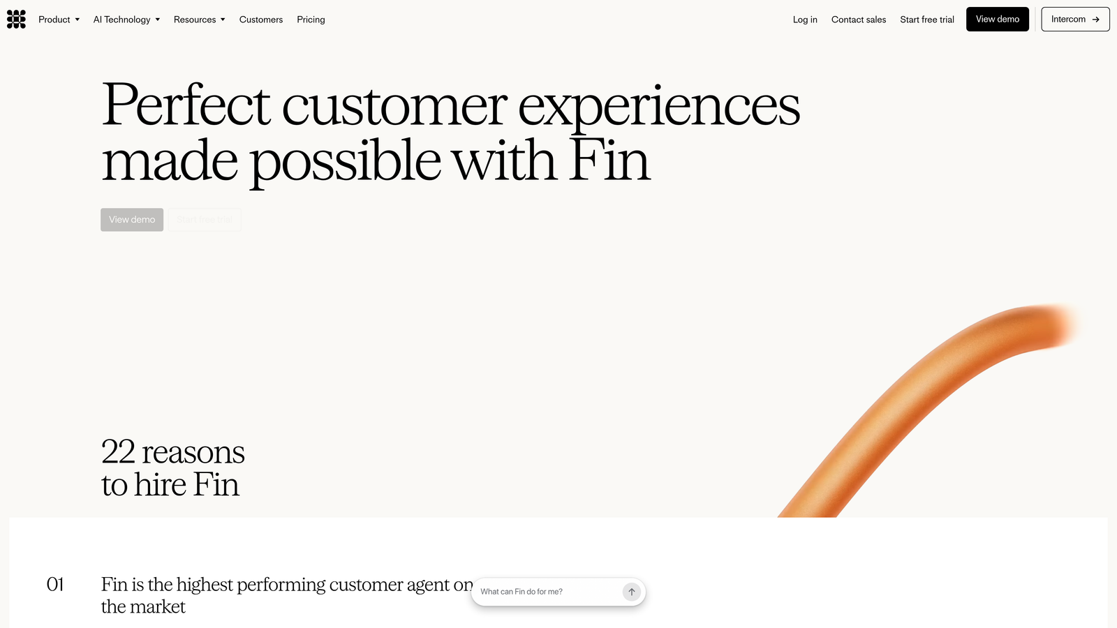 Screenshot of Intercom Fin website