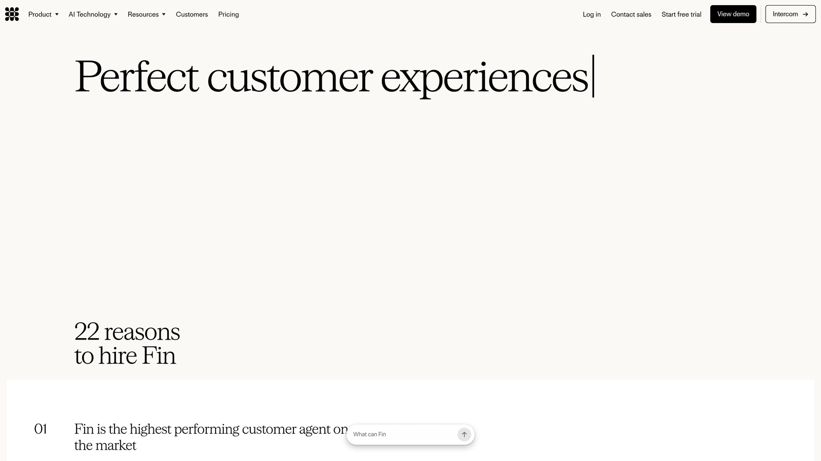Screenshot of Intercom Fin website
