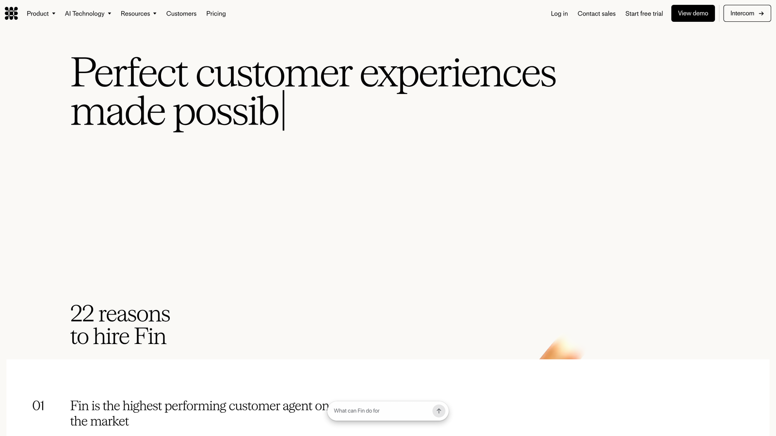Screenshot of Intercom Fin website