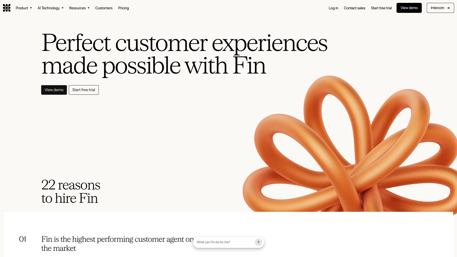 Screenshot of Intercom Fin website