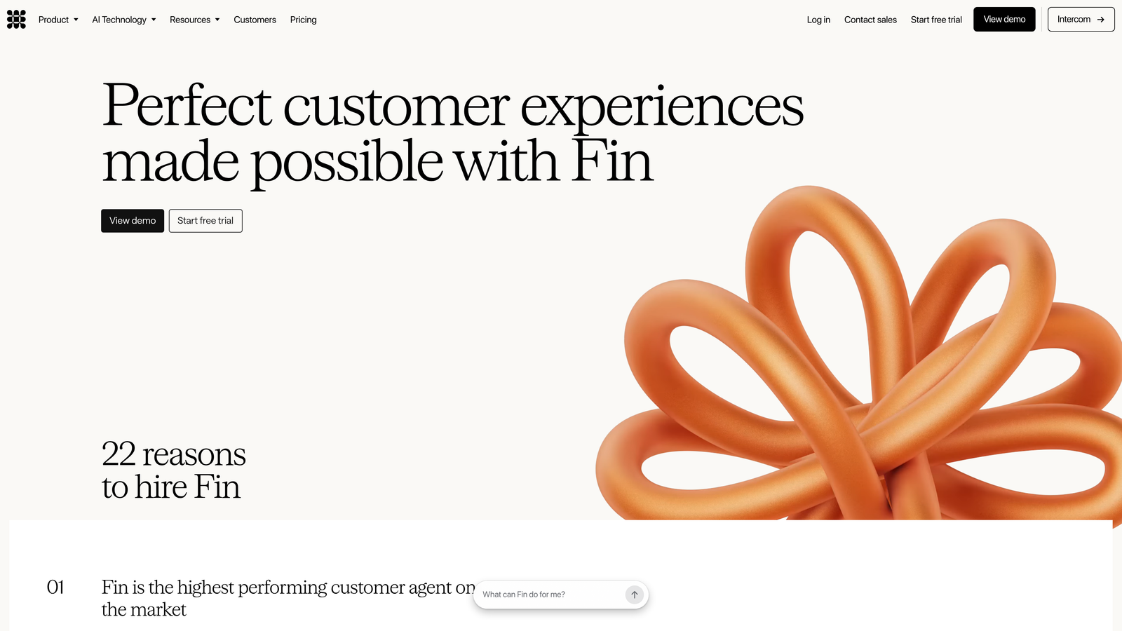Screenshot of Intercom Fin website