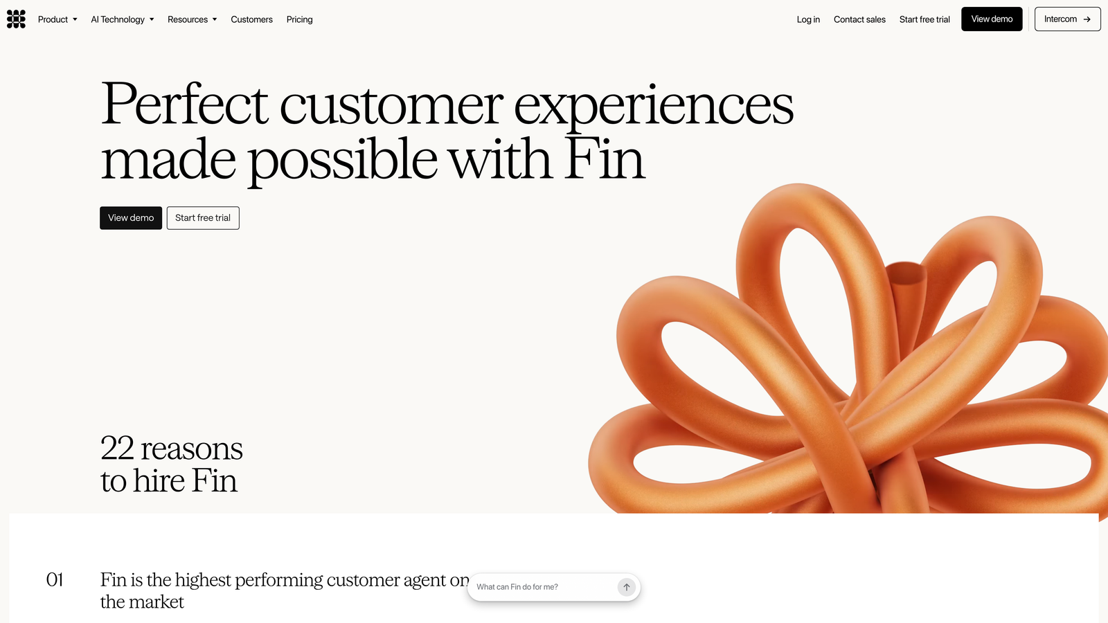 Screenshot of Intercom Fin website