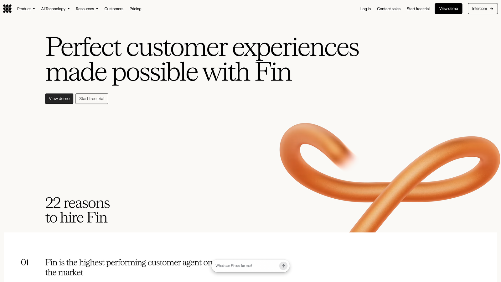 Screenshot of Intercom Fin website