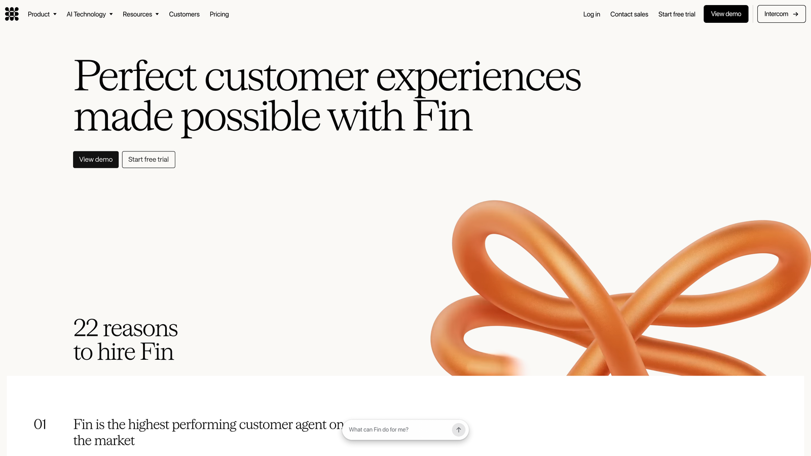 Screenshot of Intercom Fin website