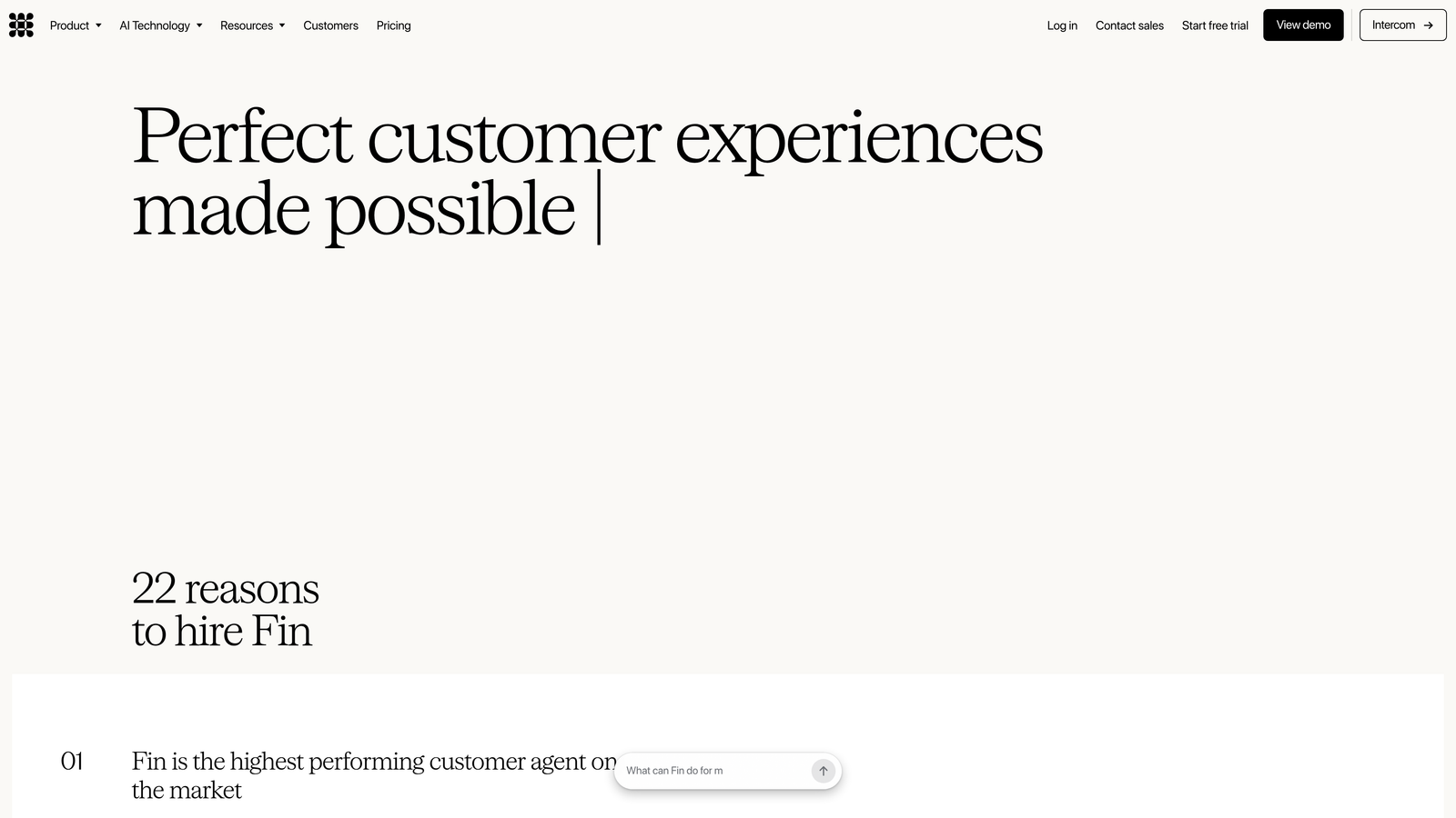 Screenshot of Intercom Fin website