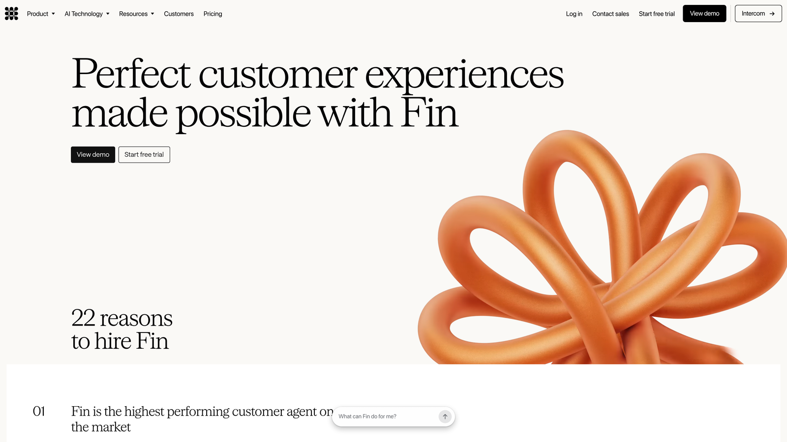 Screenshot of Intercom Fin website