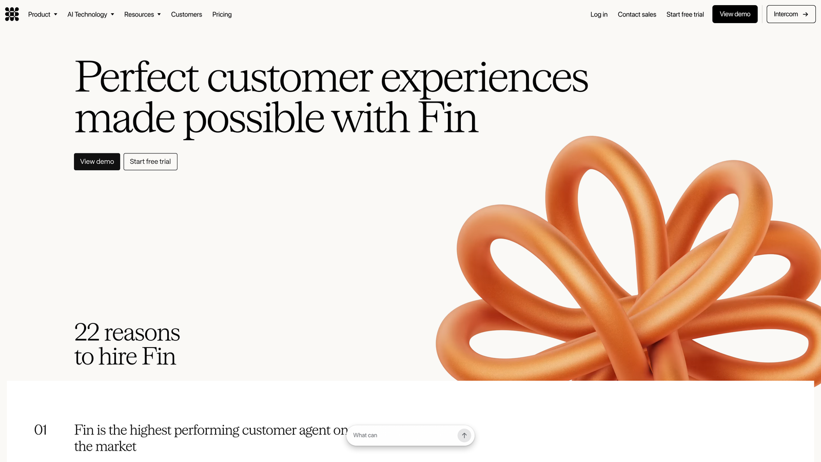Screenshot of Intercom Fin website