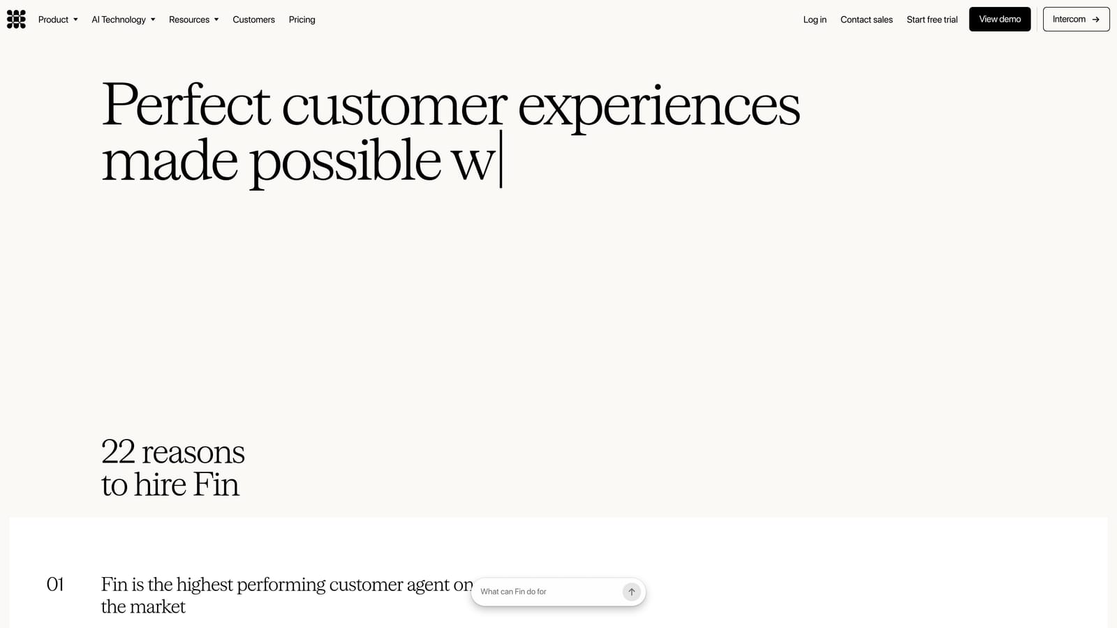 Screenshot of Intercom Fin website