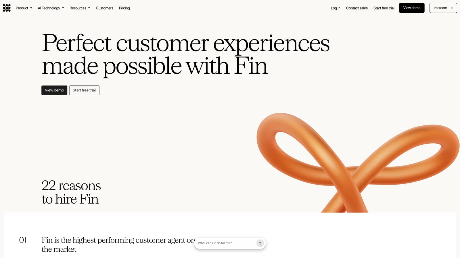 Screenshot of Intercom Fin website