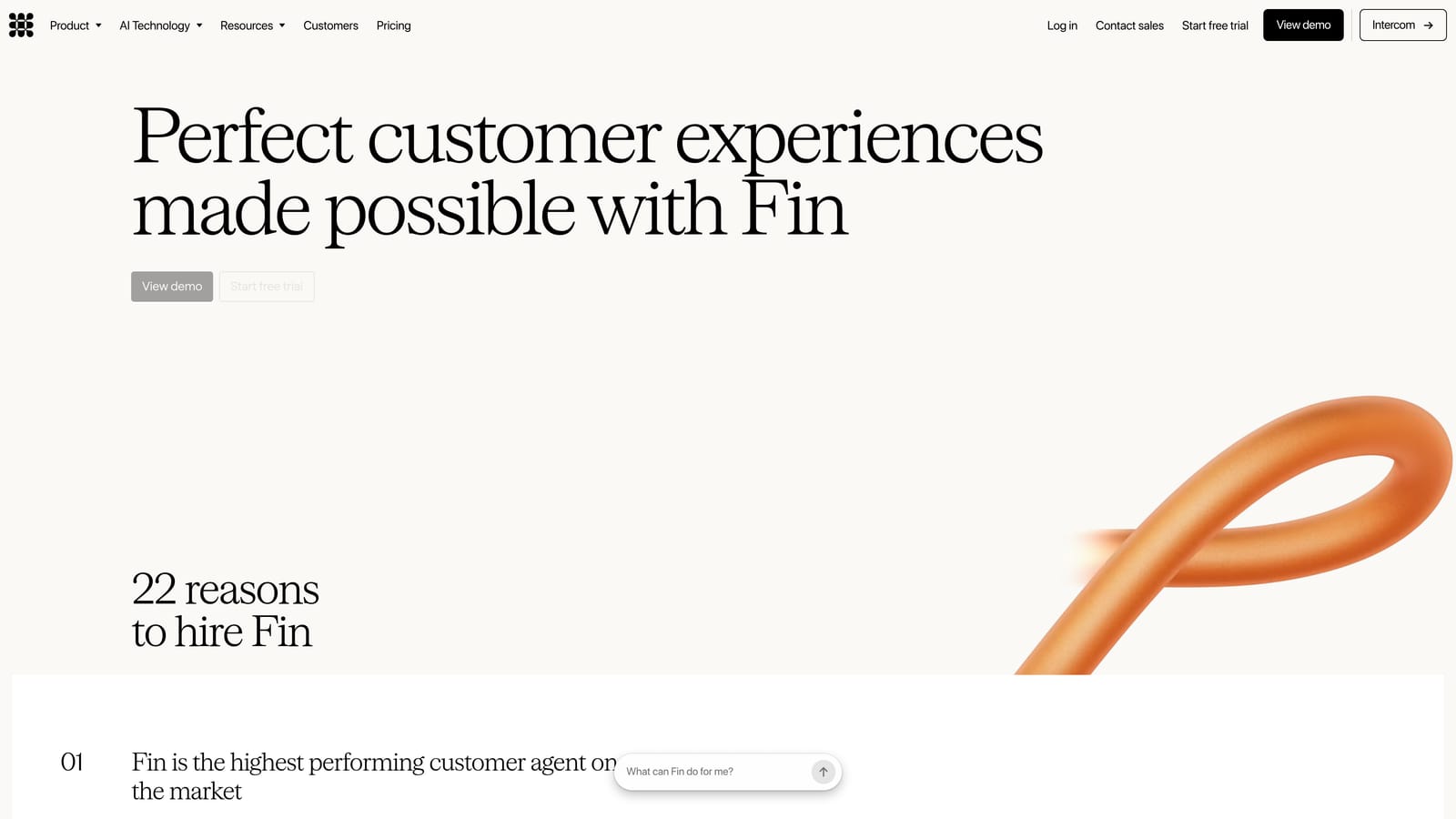 Screenshot of Intercom Fin website