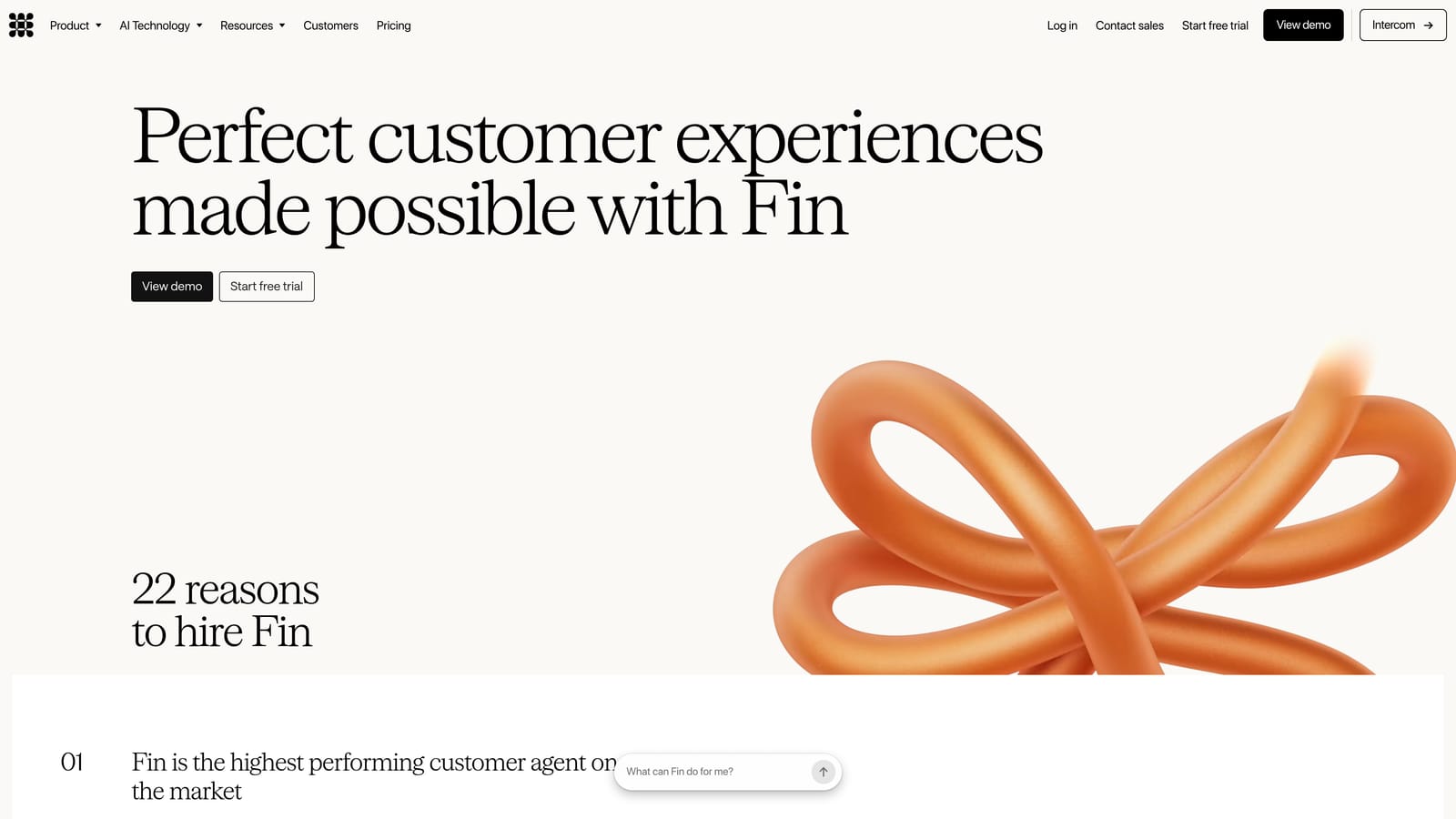 Screenshot of Intercom Fin website
