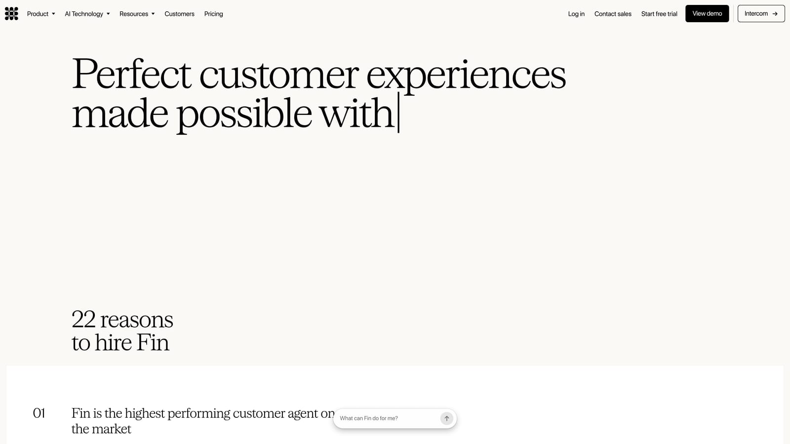 Screenshot of Intercom Fin website