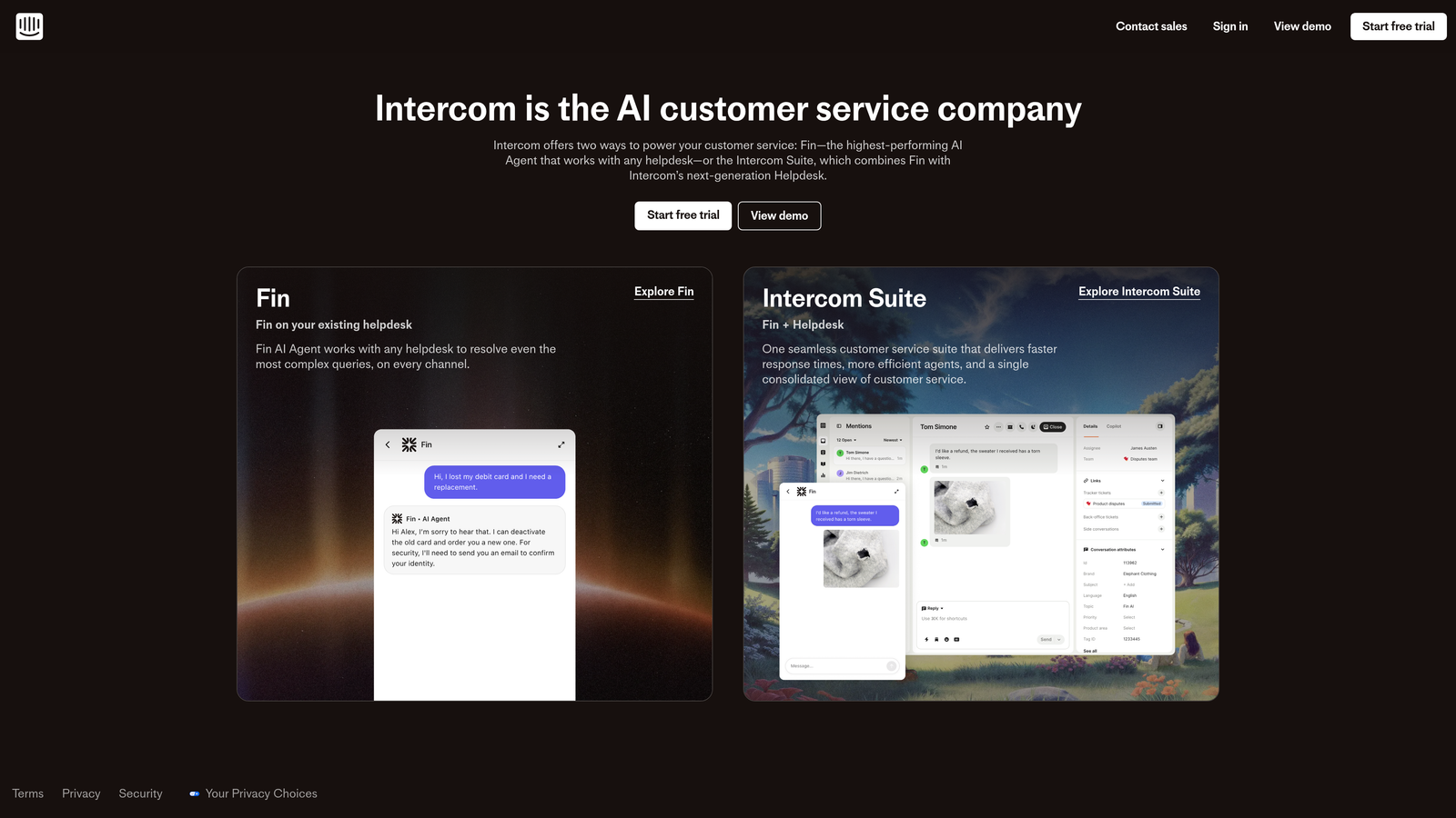 Screenshot of Intercom website homepage