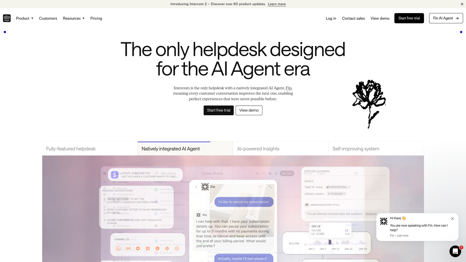 Screenshot of Intercom with Fin AI website