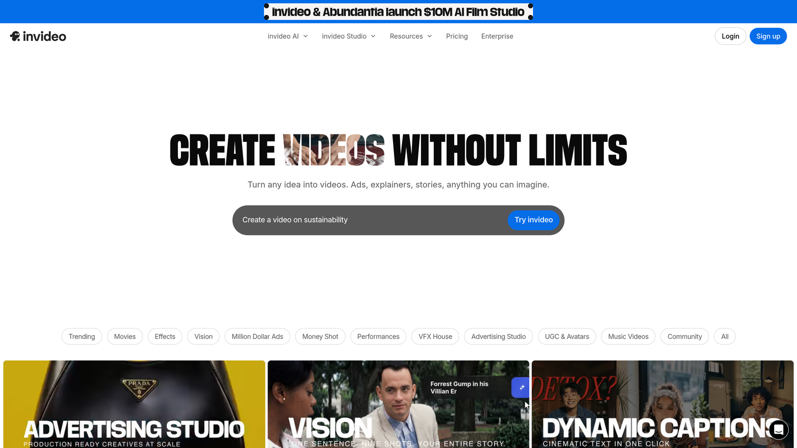 Screenshot of Invideo AI website