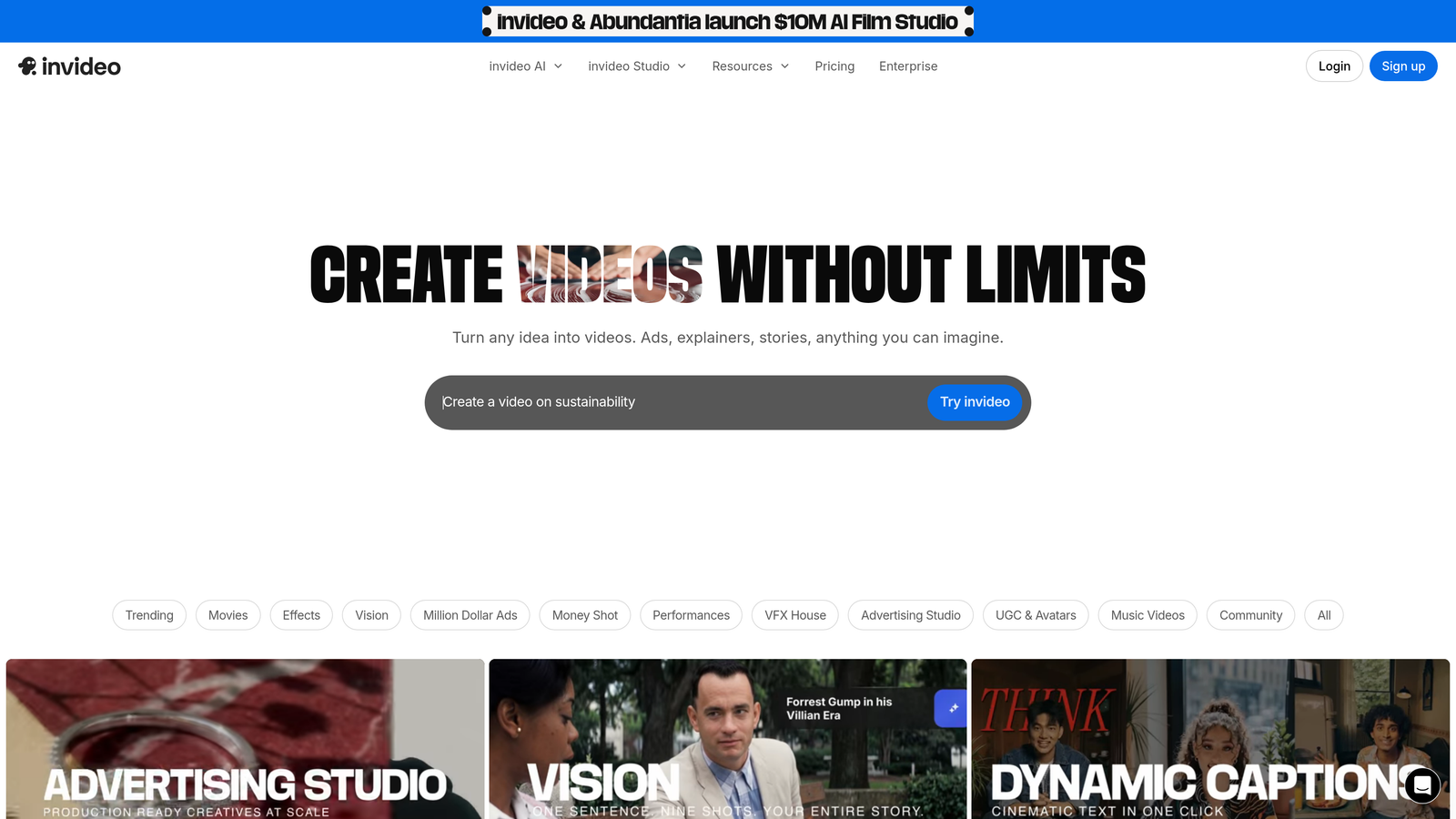 Screenshot of Invideo AI website
