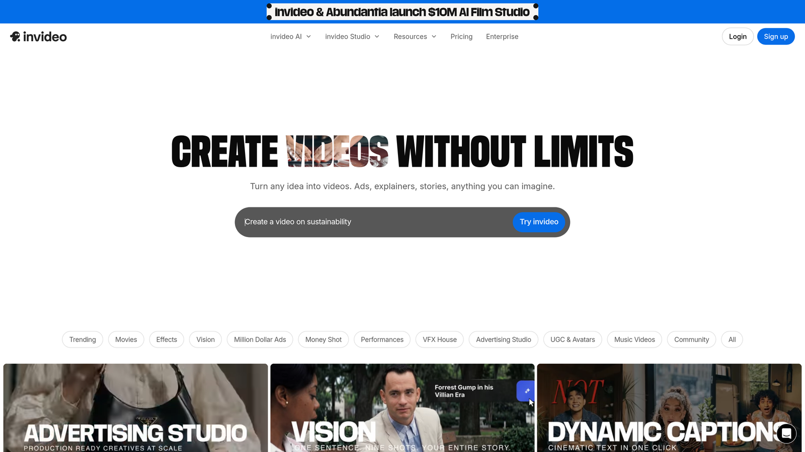 Screenshot of Invideo AI website