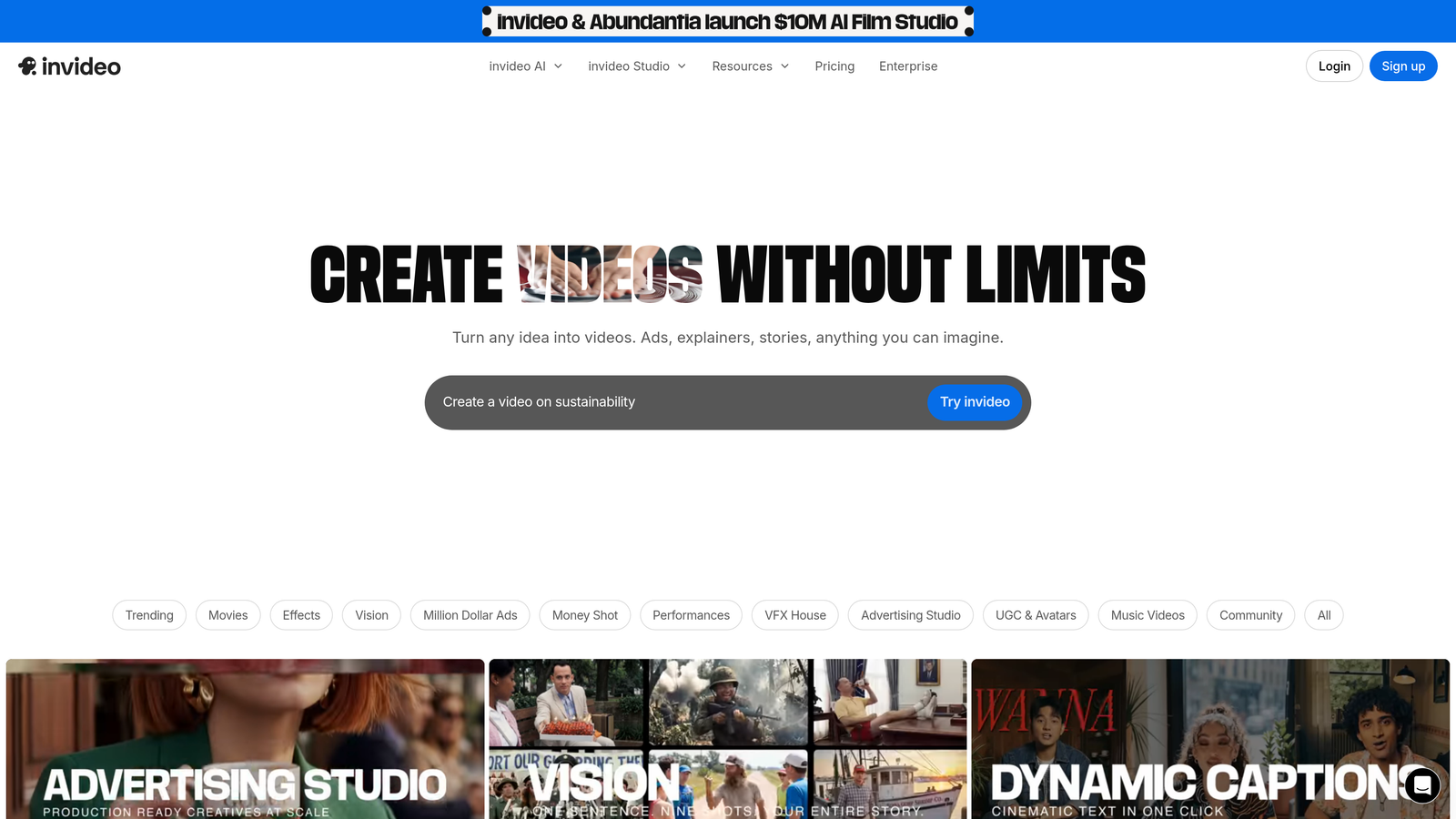 Screenshot of Invideo AI website