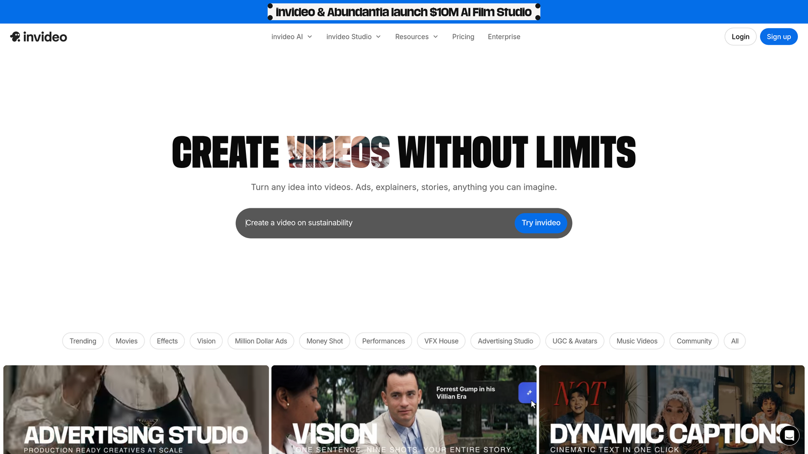 Screenshot of Invideo AI website