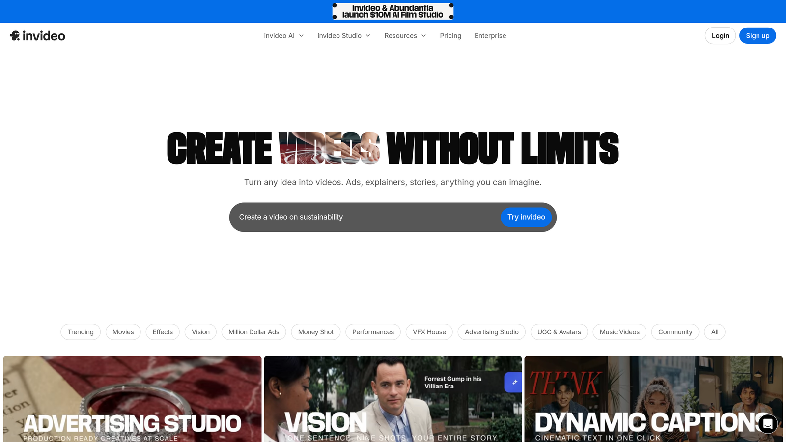 Screenshot of Invideo AI website