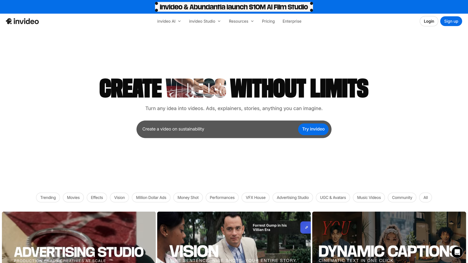 Screenshot of Invideo AI website
