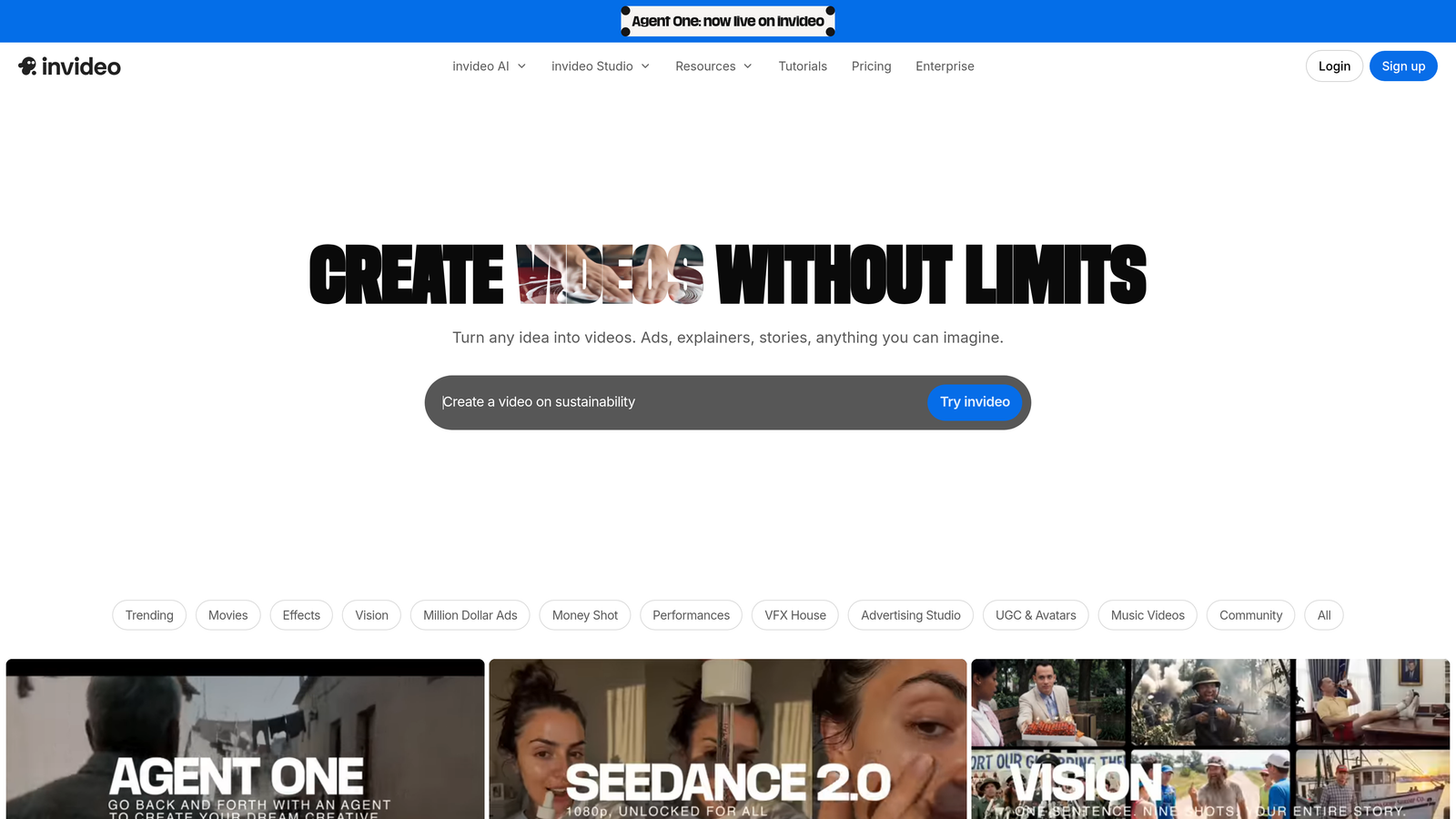 Screenshot of Invideo AI website