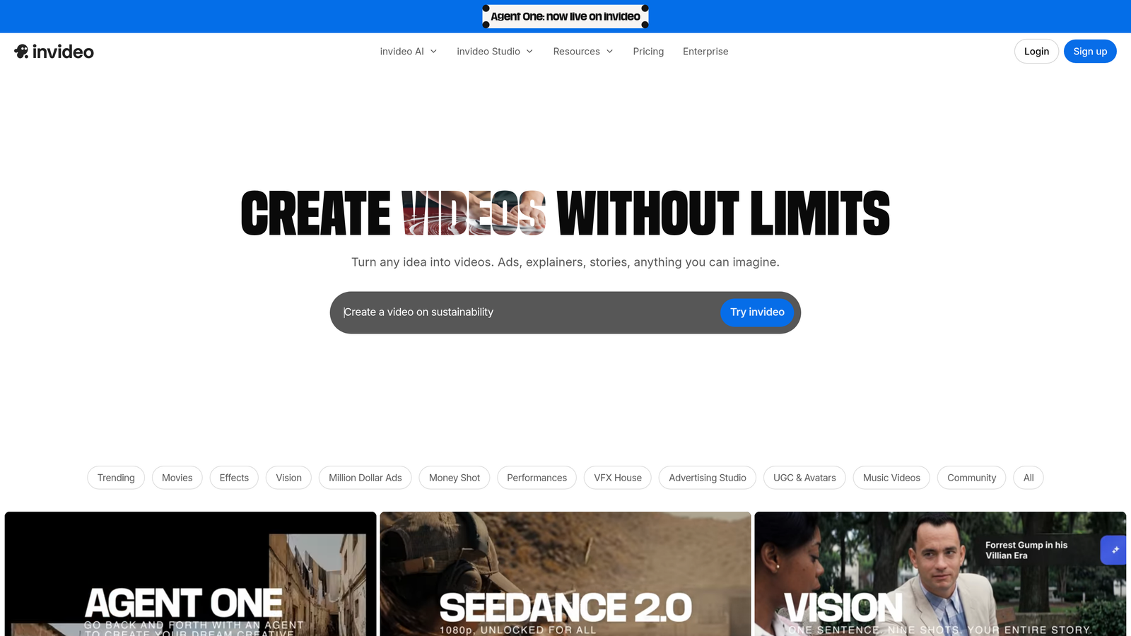 Screenshot of Invideo AI website