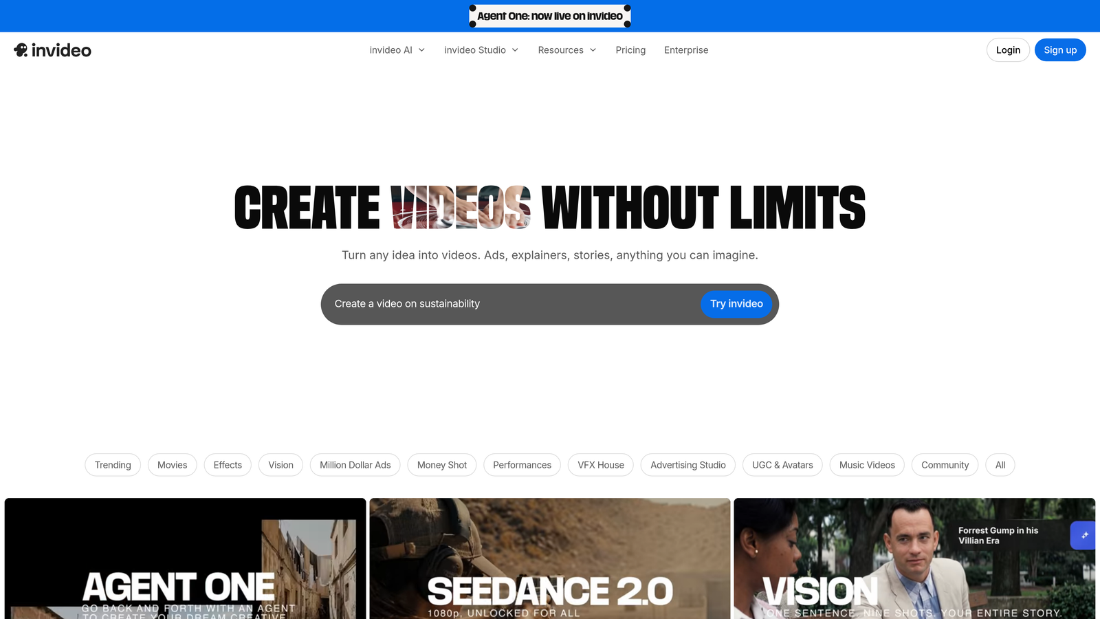 Screenshot of Invideo AI website