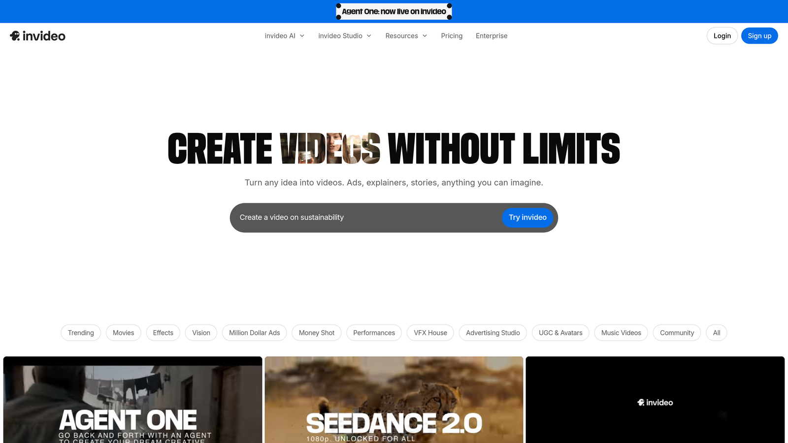 Screenshot of Invideo AI website