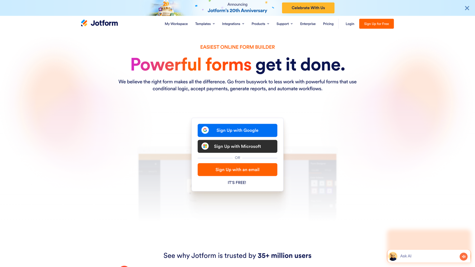 Screenshot of Jotform website